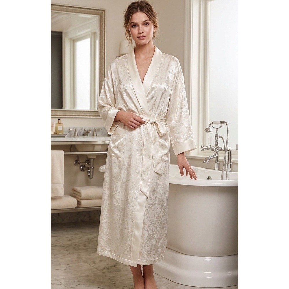 VTG Victorias Secret Gold Label Ivory Full Robe Satin Floral Sz M/L Terry Cloth